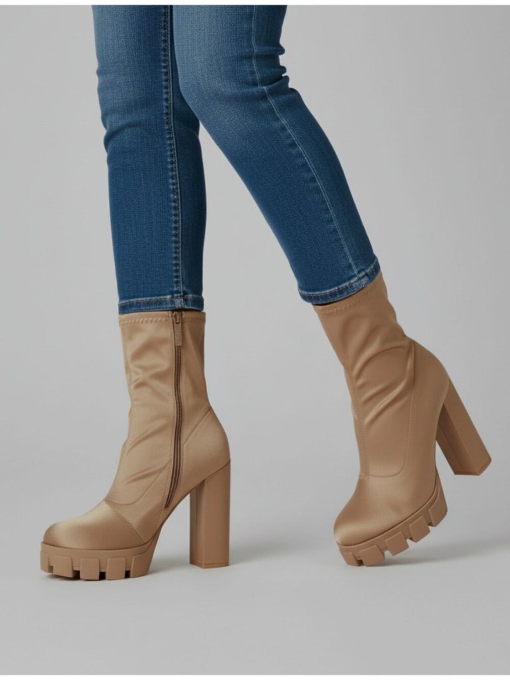 Chunky Heel Platform Ankle Boots With Side Zipper In Beige Satin Material For Wo